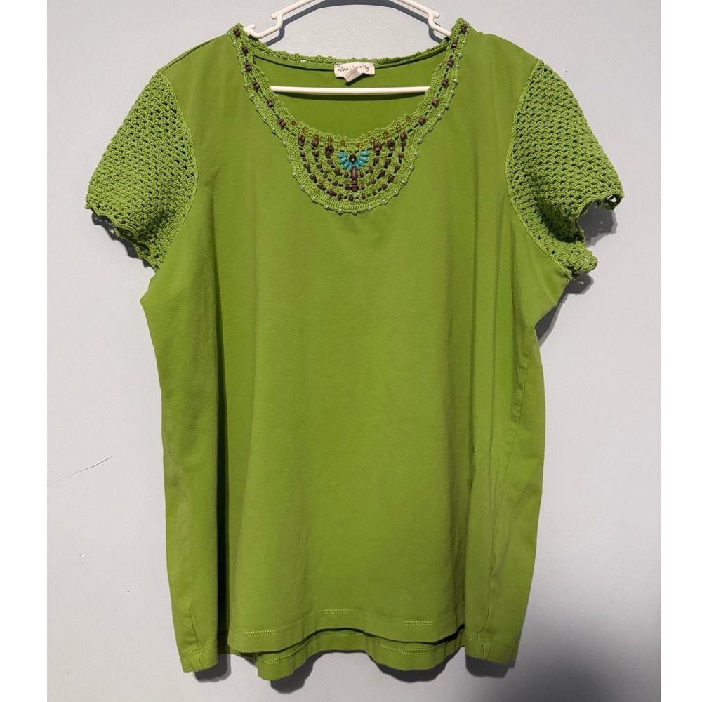 Susan Graver Size 2X Lime Green Crochet Sleeve Beaded Neck Boho Cotton 1688